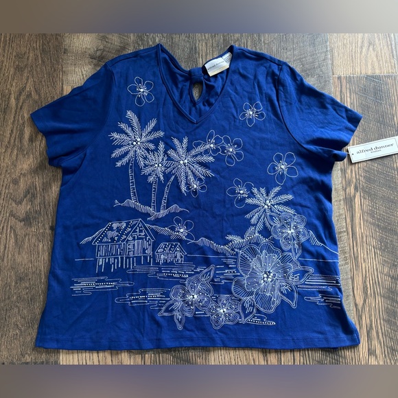 Alfred Dunner Tops - ALFRED DUNNER Women’s Blue Blouse Top Embroidered Beaded Floral Short Sleeve 1X